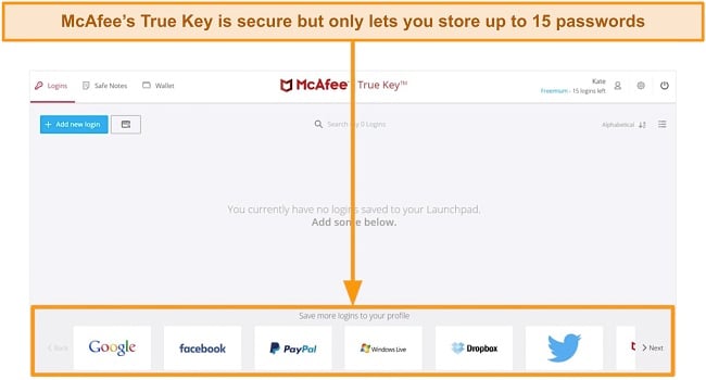 Screenshot of McAfee's True Key password manager