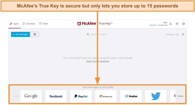 Screenshot of McAfee's True Key password manager