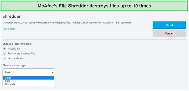 Screenshot of McAfee's file shredder tool