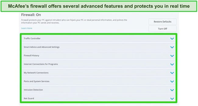Screenshot of McAfee's firewall features
