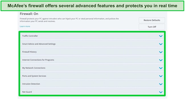 Screenshot of McAfee's firewall features