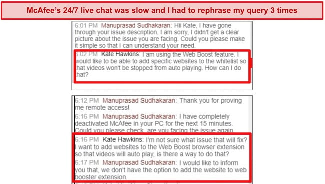 Screenshot of 24/7 live chat conversation with McAfee's support agent