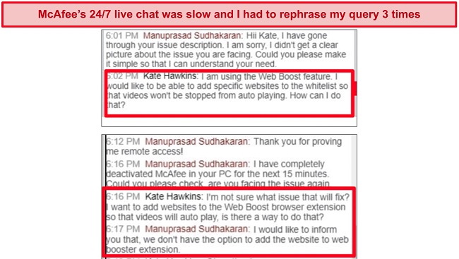 Screenshot of 24/7 live chat conversation with McAfee's support agent