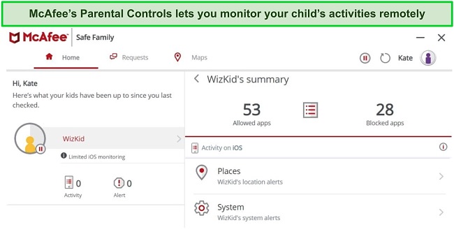 Screenshot of McAfee's Parental Controls feature