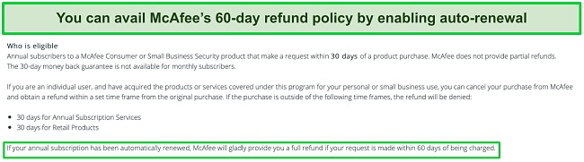 Screenshot of McAfee's official refund policy