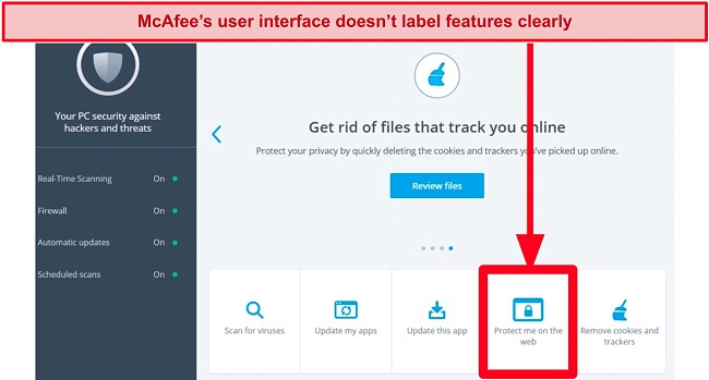 Screenshot of McAfee's dashboard not having proper labels for features