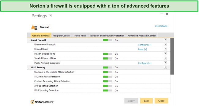 Screenshot of Norton's firewall
