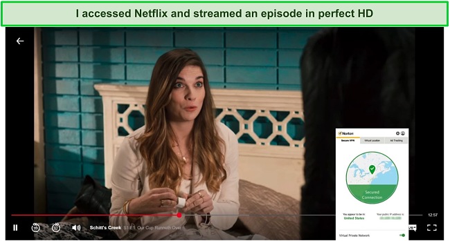 Screenshot of Norton's Secure VPN unblocking Netflix