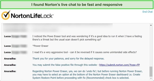 Screenshot of a live chat with Norton's customer support representative