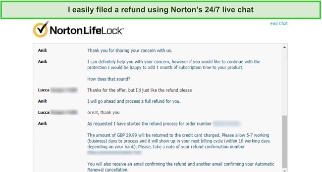 Screenshot of Norton's live chat approving a refund request