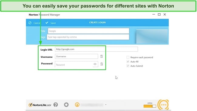 Screenshot of Norton's password manager dashboard