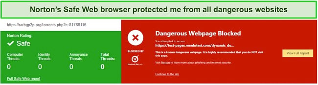 Screenshot of Norton's Safe Web browser extension blocking a potentially dangerous website