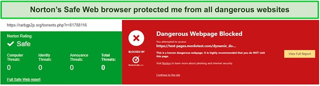 Screenshot of Norton's Safe Web browser extension blocking a potentially dangerous website