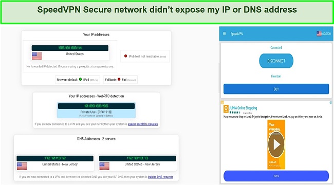 Screenshot of the results of a leak test performed while using SpeedVPN Secure