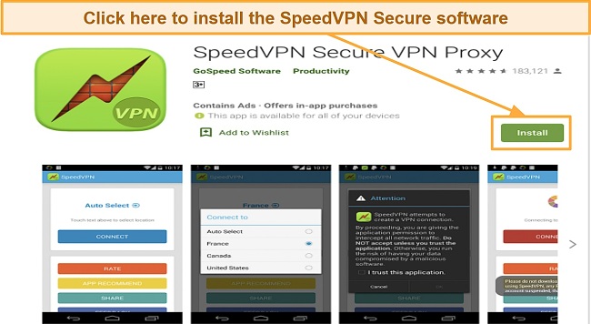 Screenshot of SpeedVPN Secure's download page on the Android Playstore