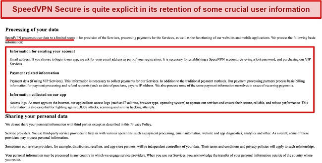 Screenshot of an excerpt from SpeedVPN Secure's privacy policy