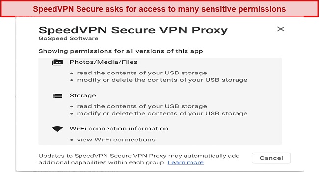 Screenshot of the sensitive permissions requested by SpeedVPN Secure