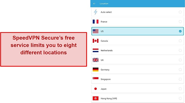 Screenshot of the available server locations on the SpeedVPN Secure network