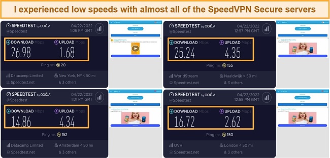 Screenshot of speed test results while using SpeedVPN Secure