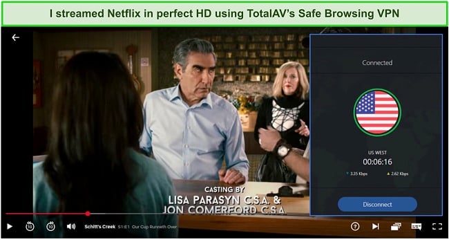 Screenshot of TotalAV Safe Browsing VPN unblocking Netflix