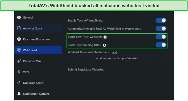 Screenshot of how to enable TotalAV's WebShield