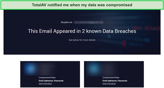 Screenshot of TotalAV's data breach notification