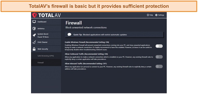 Screenshot of TotalAV's firewall features