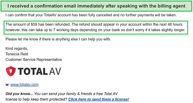 Screenshot of TotalAV's refund email confirmation