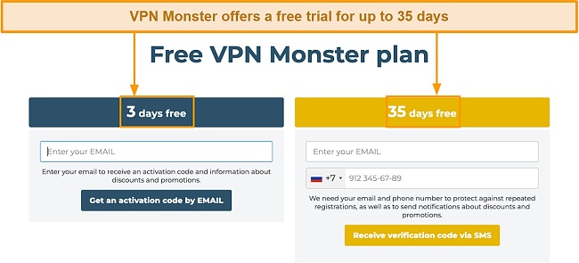 Screenshot of VPN Monster's 3-day and 35-day free trials