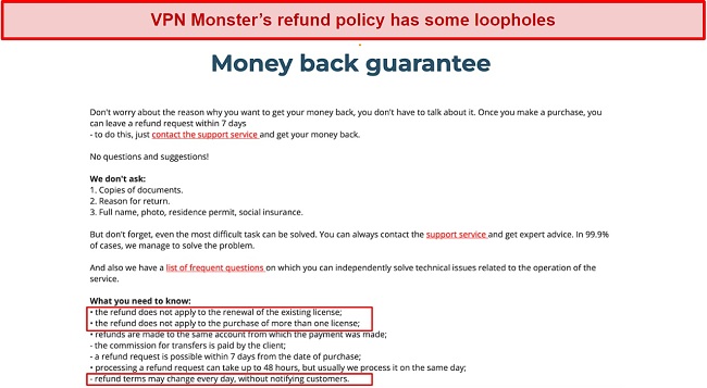 Screenshot of VPN Monster's money-back guarantee terms and conditions