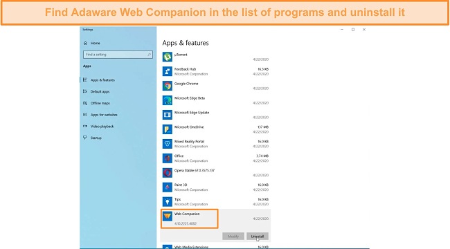 I located Adaware Web Companion on the programs list and uninstalled it.