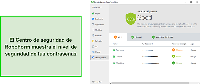 Captura de pantalla del Centro de seguridad de RoboForm.