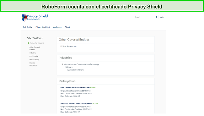 Captura de pantalla de la certificación del Escudo de privacidad de RoboForm.