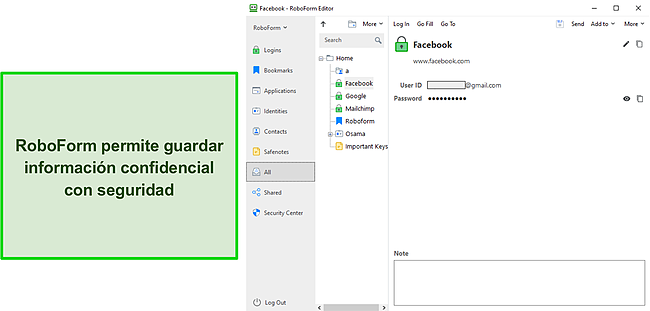Captura de pantalla del almacenamiento seguro de información de RoboForm.
