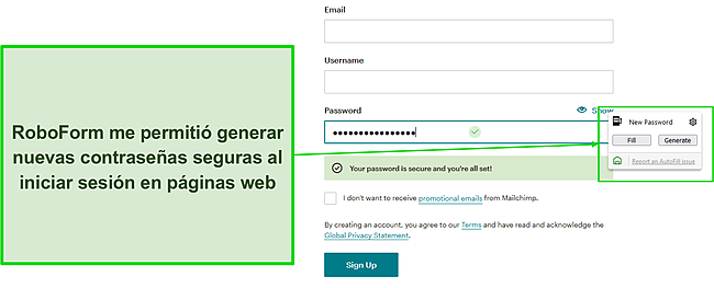 Captura de pantalla del generador de contraseñas seguras de RoboForm.