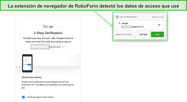 Captura de pantalla de la información de inicio de sesión de captura de la extensión del navegador de RoboForm.