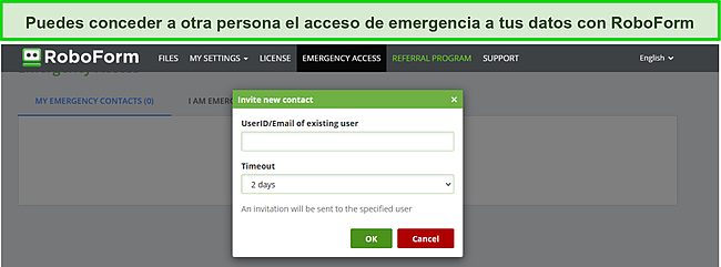 Captura de pantalla de la función de acceso de emergencia de RoboForm.