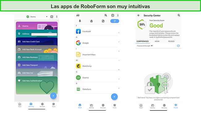 Captura de pantalla de la aplicación móvil intuitiva de RoboForm.