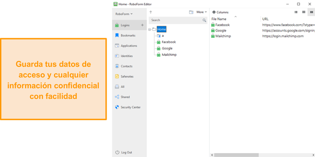 Captura de pantalla de la aplicación de Windows de RoboForm almacenando datos.