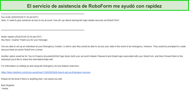 Captura de pantalla de la respuesta del soporte de RoboForm.