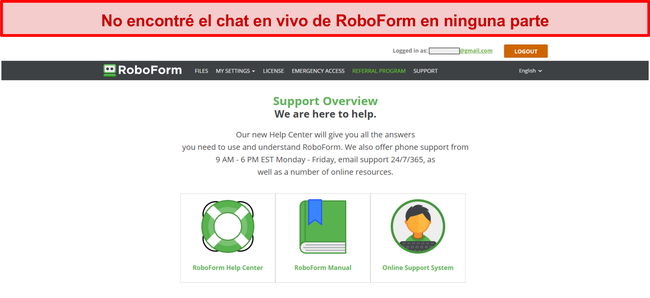 Captura de pantalla de las opciones de soporte de RoboForm.