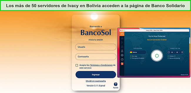 Captura de pantalla de Ivacy desbloqueando Banco Solidario.