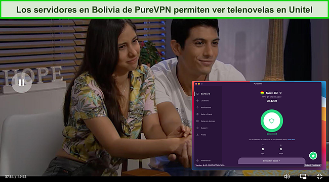 Captura de pantalla de PureVPN desbloqueando el canal de televisión Unitel.