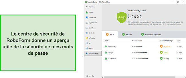 Capture d'écran du centre de sécurité de RoboForm.