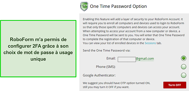 Capture d'écran de la fonction 2FA de RoboForm.