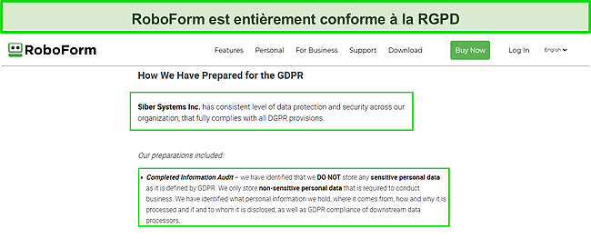 Capture d'écran de la conformité GDPR de RoboForm.