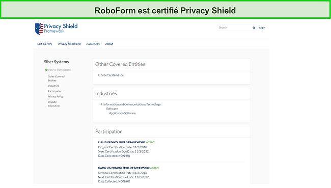 Capture d'écran de la certification Privacy Shield de RoboForm.