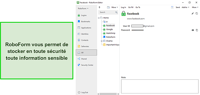 Capture d'écran du stockage sécurisé des informations de RoboForm.