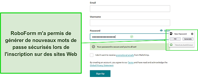 Capture d'écran du générateur de mot de passe sécurisé de RoboForm.