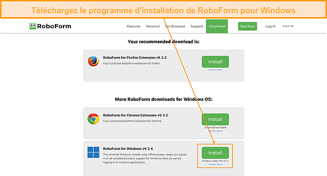 Capture d'écran du téléchargement de l'application Windows de RoboForm.